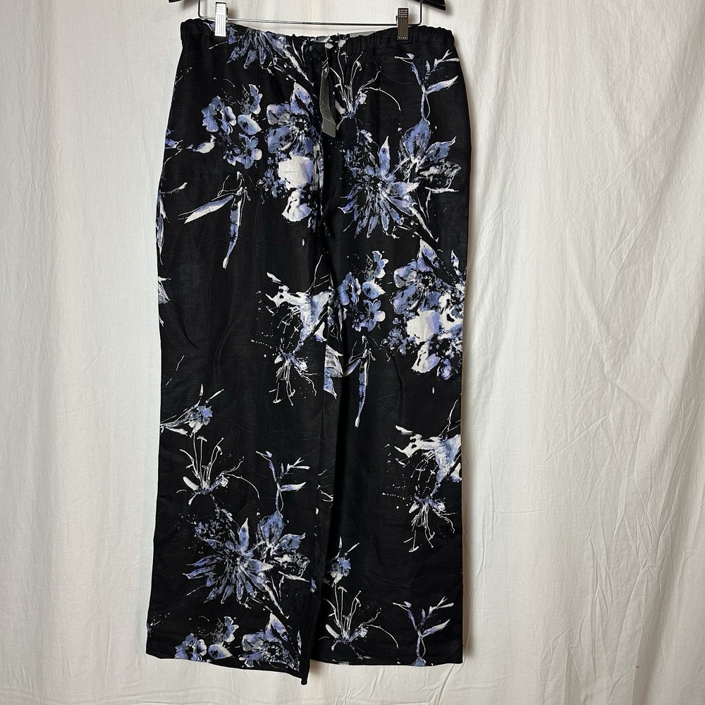 Chico's Linen Blend Wide Leg Pants Black Floral Pull On Elastic Waist Size 12